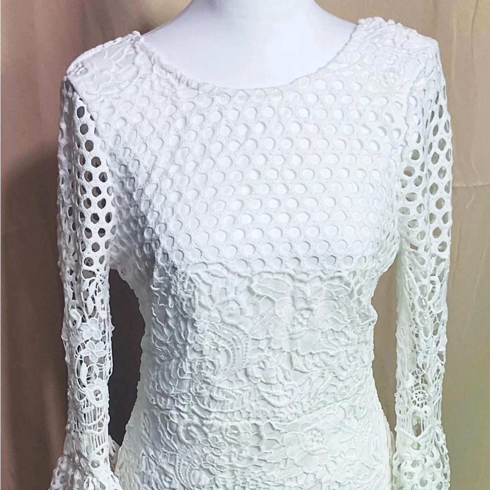 Lulu’s Angelisa White Lace Long Bell Sleeve Dress